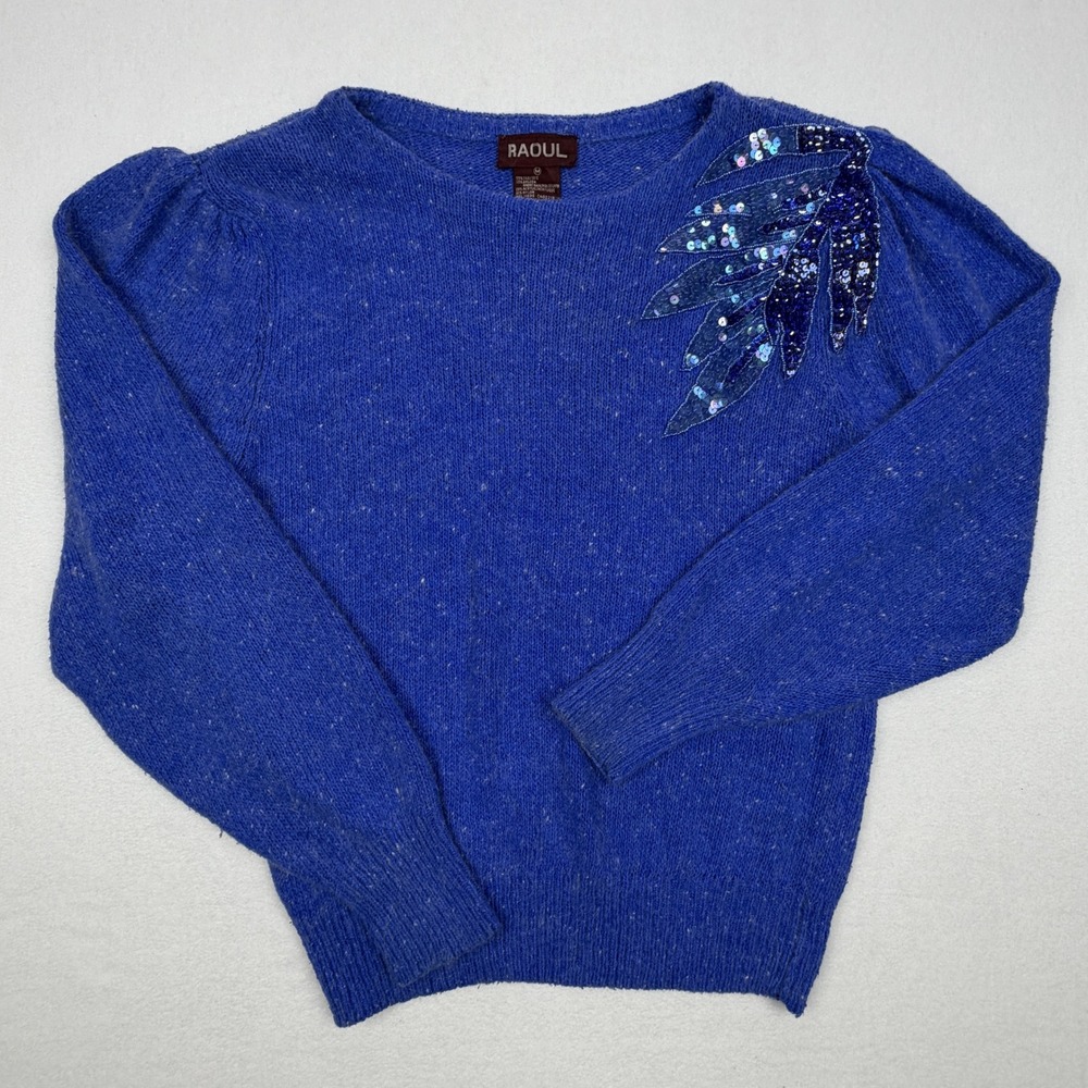 Raoul Vintage Blue Silk Angora Blend Sequined Leaf Puffy Shoulder Sweater M